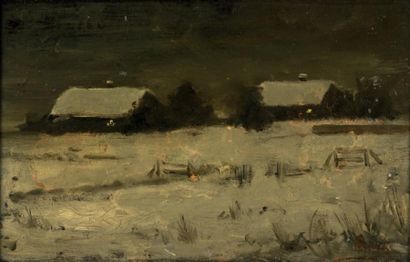 Constant Permeke (1886-1952) Chaumières dans la neige Huile sur panneau Signée en...
