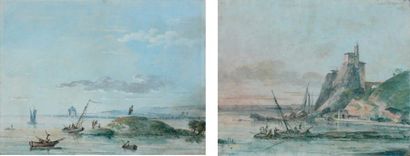 JEAN MICHEL MOREAU LE JEUNE (PARIS 1741 - 1814) Paysages fluviaux animés Paire d'aquarelles...