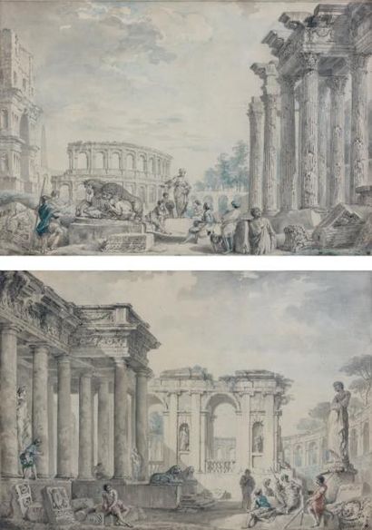 GIAMPAOLO PANNINI (PLAISANCE 1691 - ROME 1765) Paire de vues de ruines romaines animées,...