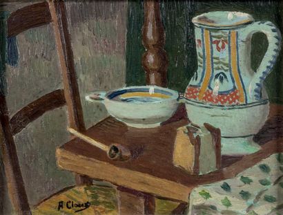 Albert CLOUARD (1866-1952) Nature morte à la pipe Huile sur isorel Signée en bas...