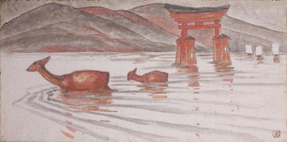 Mathurin MEHEUT (1882-1958) Biches devant le toris du sanctuaire d'Itsukushima Technique...