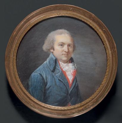 Ecole Francaise vers 1780 Portrait d'un homme de qualité en habit bleu rayé, à haut...