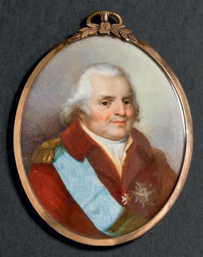 ECOLE FRANÇAISE DU XIXe SIÈCLE (J.H.L.) Portrait du Roi Louis XVIII en redingote...