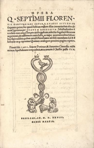 TER TULLIEN Opera. Bâle, s.n. [Froben], mars 1528. In-folio, vélin, filets d'encadrement...