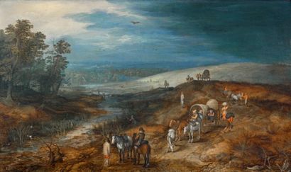 Jan II Brueghel (Anvers 1601 - 1678) Paysage avec des voyageurs et un chasseur Panneau...