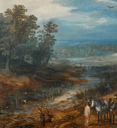 Jan II Brueghel (Anvers 1601 - 1678) Paysage avec des voyageurs et un chasseur Panneau...
