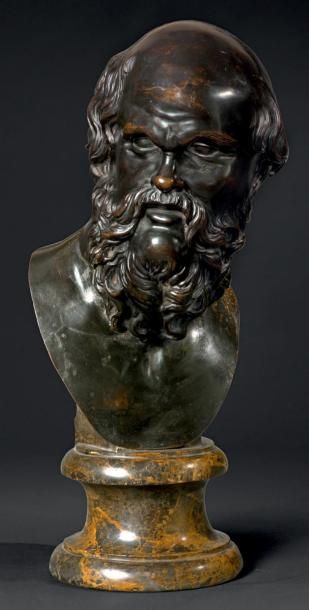 Ecole italienne du XVIIe siècle Socrate Buste en bronze Belle fonte à la cire perdue,...