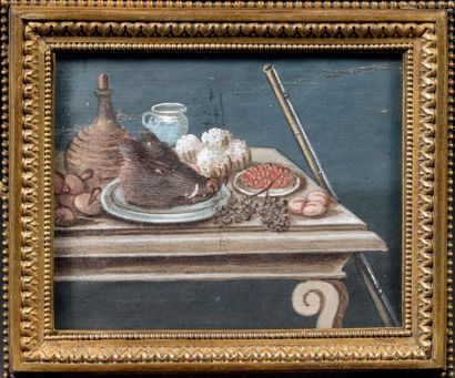 École FRANÇAISE du XVIIIe siècle "Nature morte de chasse". Sur une table à gibier,...