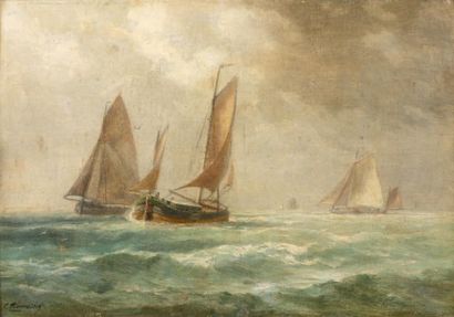 CHARLES KUWASSEG (1833 - 1904) Voiliers en mer Huile sur toile Signée en bas à droite...