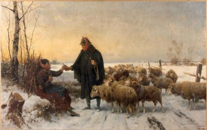 ERNST ADOLF MEISSNER (1837-1902) Le Berger et la vieille dame Huile sur toile Signée...
