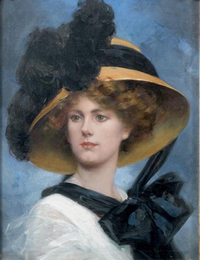 RENÉ LELONG (1871-1938) Elégante au chapeau Huile, aquarelle, encre et gouache sur...