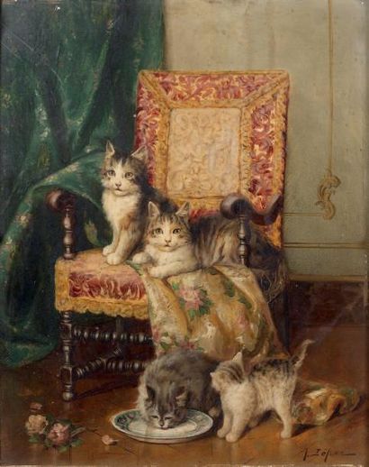 Jules LEROY (1833-1865) Quatre chats et un fauteuil Huile sur panneau Signée en bas...