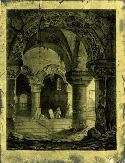 ATTRIBUÉ À LOUIS DAGUERRE (1787­1851) Scène gothique, moine agenouillé dans une crypte...