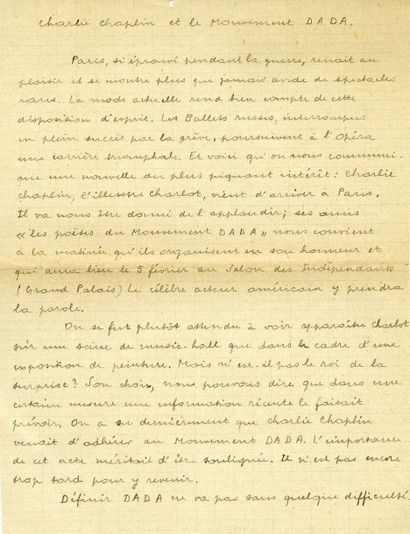 BRETON André. Charlie CHAPLIN ET LE MOUVEMENT DADA. 3 pages in-8, circa 1920. Manuscrit...