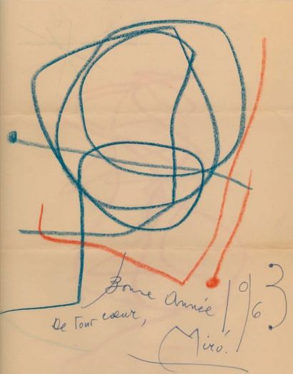 MIRO Joan. DESSIN ORIGINAL AUX CRAYONS DE COULEURS SIGNÉ POUR RENE CHAR. 1963 ; 20...