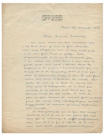 BRETON André DEUX LETTRES AUTOGRAPHES SIGNÉES À FRANCIS DUMONT. 1948. Deux lettres...
