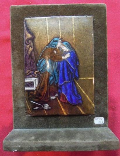 LIMOGES. Anonyme Sainte Anne et la Vierge, plaque émaillée sur cuivre fin du XVI...