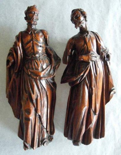 null Deux saints en bois naturel Saint Come et Saint Damien? H.24 cm et 22,5 cm