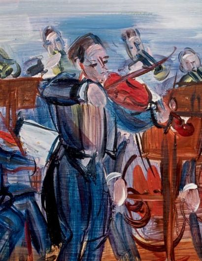 Raoul DUFY (1877-1953) Petit orchestre au soliste Huile sur panneau Signée en bas...