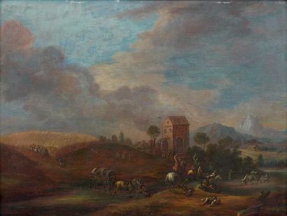 ATTRIBUÉ À MATTHIJS SCHOEVAERDT (1660 - 1702) Le passage du gué Huile sur toile 41...