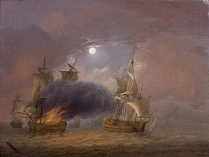 Jan van OS (Middelharnis 1744 - La Haye 1808) Bataille navale au clair de lune Panneau...