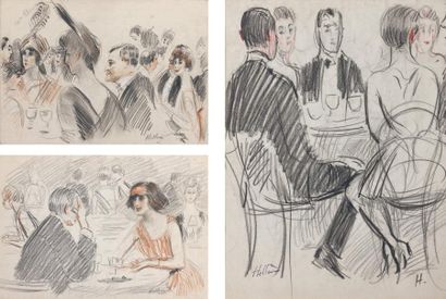 Paul César HELLEU (1859 - 1927) A-Conversation au café Trois crayons sur menu daté...