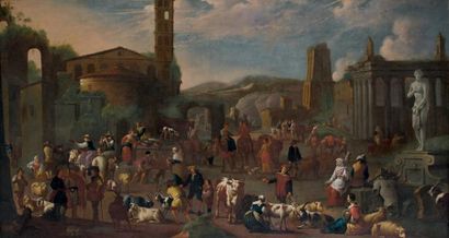 Peeter van BREDAEL (Anvers 1629 - 1719) Scène de marché aux bestiaux Huile sur toile...