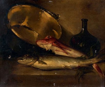 Alfred Arthur Brunel de Neuville (1852 - 1941) Nature morte aux poissons et au cuivre...