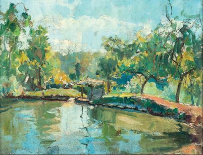 Georges LAPCHINE (1885-1950/51) Le lavoir sur l'étang Huile sur carton 17 x 23,5...