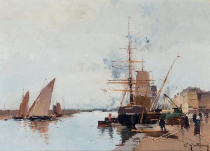 PAUL CHARLES EMMANUEL GALLAR LEPINAY (1842 - 1985) Trois mâts sortant du port voiles...