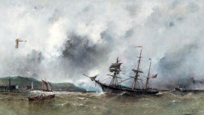 Eugène GALIEN-LALOUE (1854 - 1941) Vue d'un port Huile sur toile Signée en bas à...