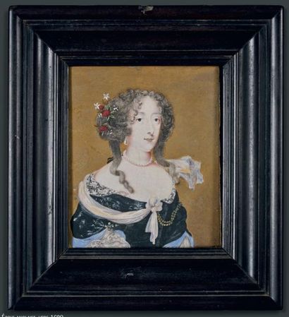 ECOLE ANGLAISE, VERS 1680 Portrait d'une dame de qualité en robe noire ornée de dentelle,...