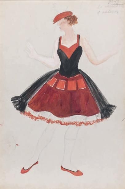 Natalia GONTCHAROVA (1881-1962) Jeune femme au béret rouge (projet de costume) 1932...