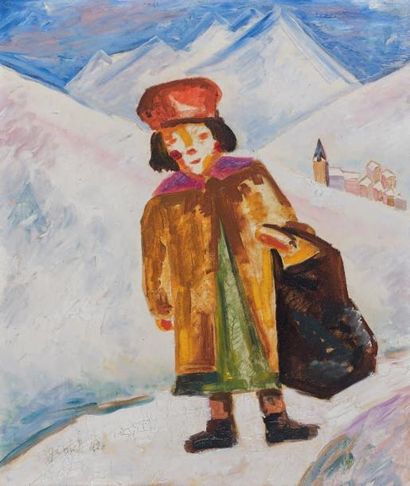 Georges GIMEL (1898-1962) Enfant dans la neige Huile sur panneau Signée en bas à...