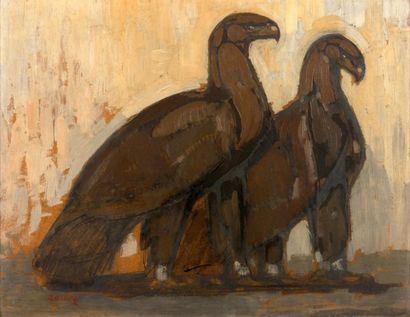 Paul JOUVE (1878-1973) " Aigles " (circa1931) Technique mixte: huile, encre sur traits...