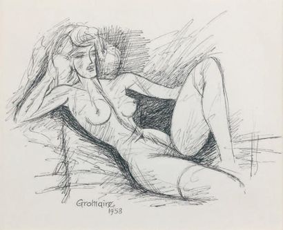 Marcel GROMAIRE (1892-1971) Femme nue allongée Encre sur papier Signée et datée 1958...