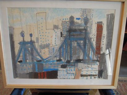 Gustave BOLIN (1920 - 1999) Le Pont Pastel et gouache sur carton Signée en bas à...