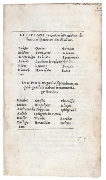 EURIPIDE Tragoediae septendecim. [En grec]. S.l.n.d. [Venise, Alde, février 1503]....