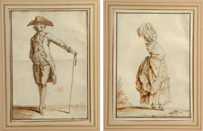 Claude Louis DESRAIS (Paris 1746 - 1816) Portrait d'un homme appuyé sur une canne...