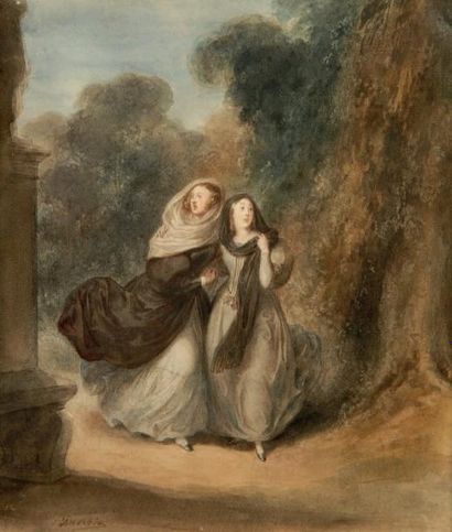 ACHILLE DEVERIA (Paris 1800 - 1857) La reine Olga de Wurtemberg et une dame de compagnie...