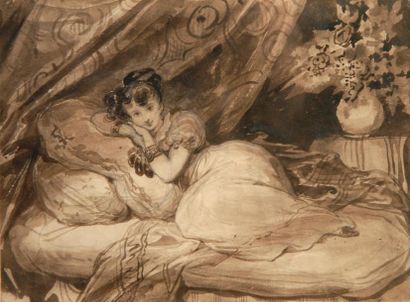 ACHILLE DEVERIA (Paris 1800 - 1857) Rêverie Plume et encre brune, lavis brun sur...