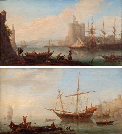 École FRANÇAISE vers 1790 Vues de ports Paire de toiles 21,5 x 38 cm la paire