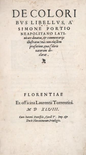 [ARISTOTE] De coloribus libellus. Florence, Laurentii Torrentini, 1548. Petit in-4...