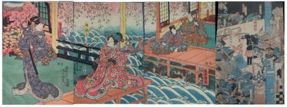 null ENSEMBLE DE QUATRE OBAN TATE-E, parties de triptyques par Toyokuni III et Kuniyoshi...