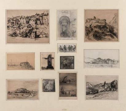 Pierre-Louis MOREAU (1876-1960) 12 Dessins et gravures réunis sous un même encadrement...
