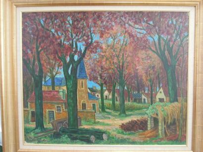 Camille LIAUSU (1894-1975) Paysage à l'église Huile sur toile Signée en bas à droite...