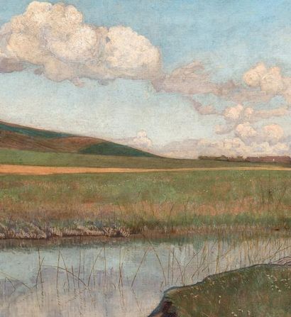 François-Louis SCHMIED (1873-1941) Paysage suisse à la rivière Huile sur toile Signée...