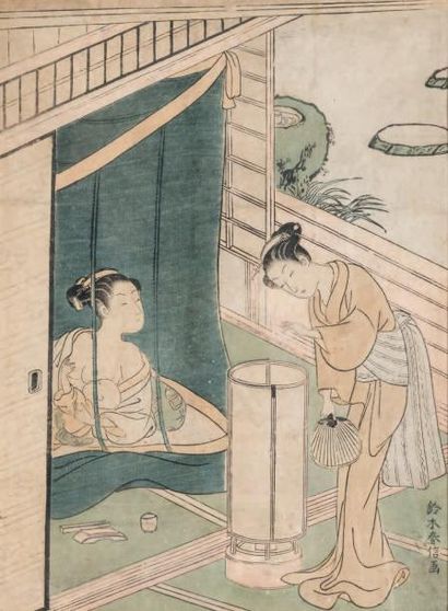 Suzuki Harunobu (1725-1770) CHUBAN TATE-E, jeune femme allaitant son enfant derrière...
