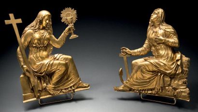 null PAIRE D'ÉLÉMENTS D'APPLIQUE en bronze ciselé doré traités en bas-relief "La...