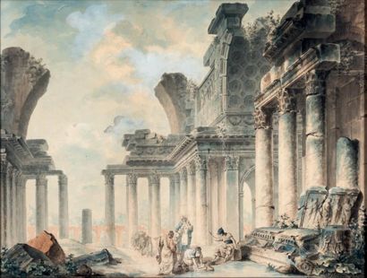 LOUIS FRANÇOIS PETIT-RADEL (PARIS 1740 - 1818) Lavandières dans un temple en ruine...
